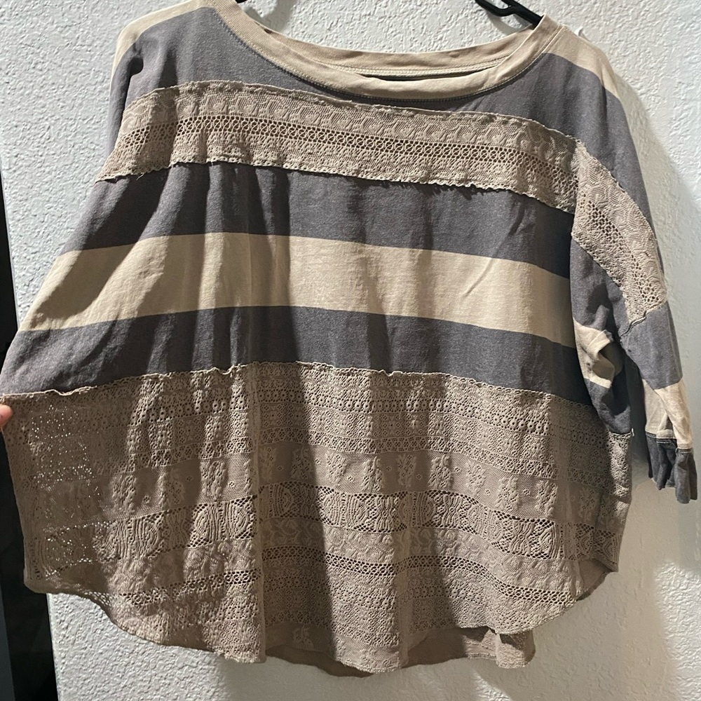 We the free Grey striped top with lace and 3/4 sleeves